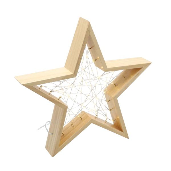 Elegant Wooden Star LED Warm White Lights -34cm
