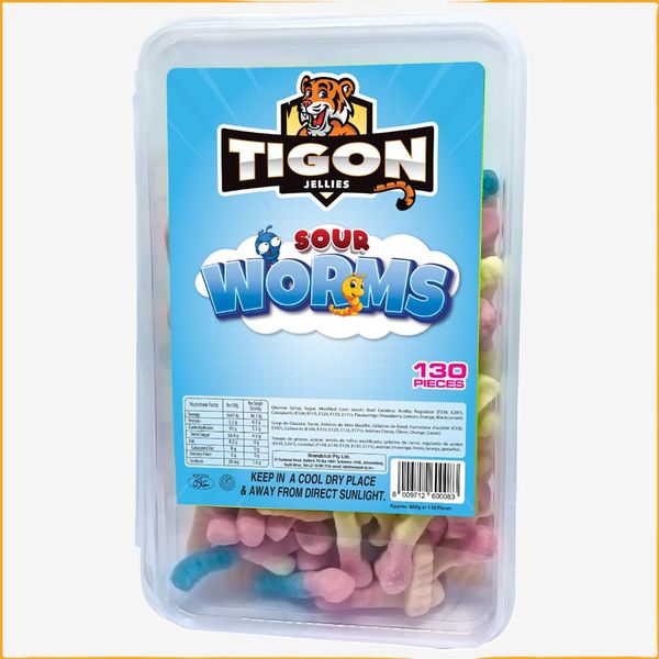 Tigon Sour Worms - Assorted Sour Flavoured Jelly Gummies - 130 pices