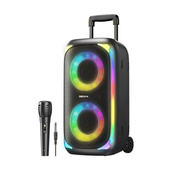 Portable Bluetooth Party Speaker with RGB Lights, Wheels &amp; Microphone
