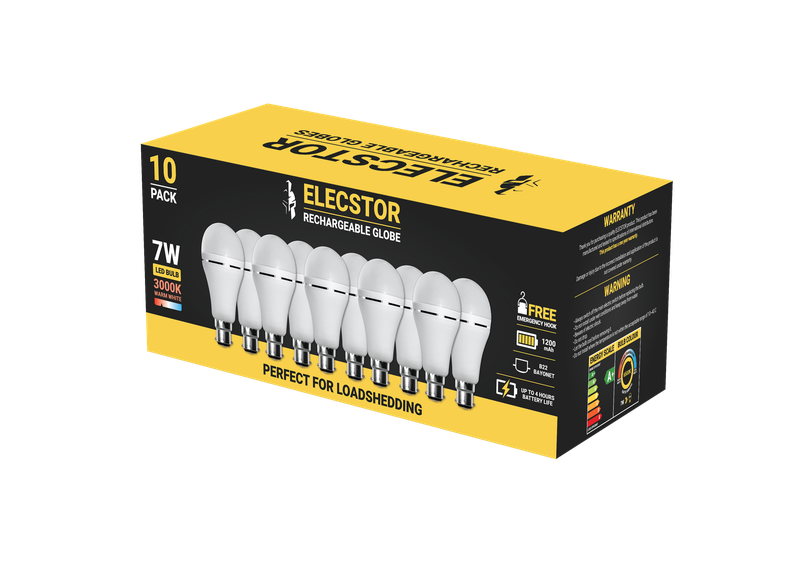 Elecstor 7W B22 Rechargeable Globe 1200mah - A60 Warm White 10 Pk Bayonet