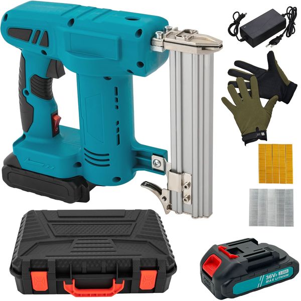 10 Pc Wireless Nail Gun With 2 Battery Packs, Nails, Staples, Case &amp; Gloves
