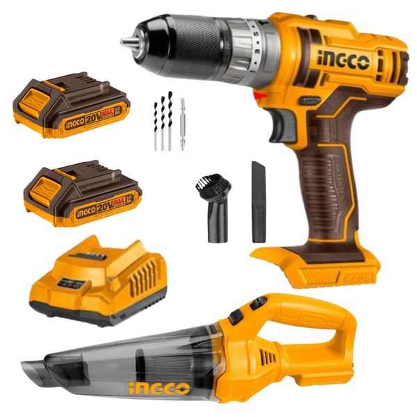Ingco - Cordless Impact Drill Vacuum Cleaner with 2x2Ah Batteries &amp; Charger