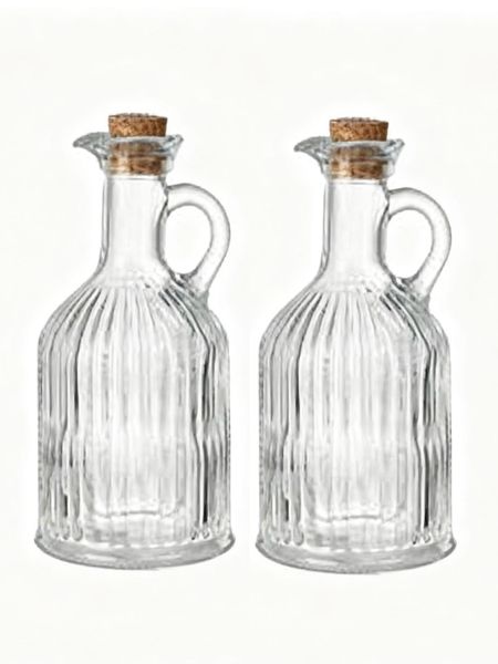 Ribbed Glass Oil &amp; Vinegar Dispenser Bottles with Cork Stoppers - Set of 2