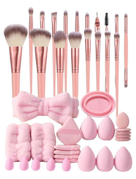 42 Piece Synthetic Makeup Brush Set With Beauty Blender Sponges - Rose Pink