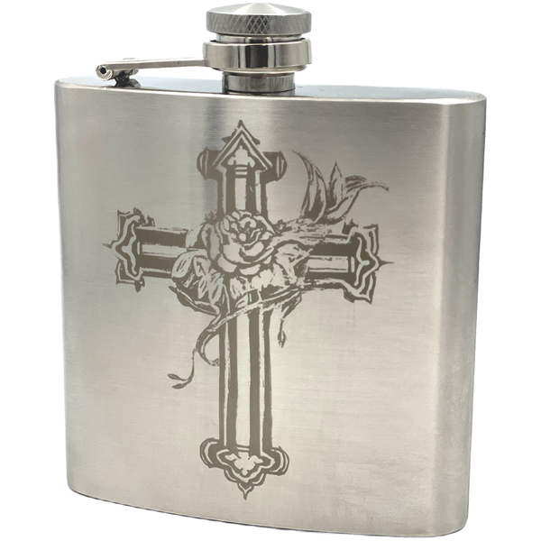 Hip Flask Engraved with a Cross and a Rose