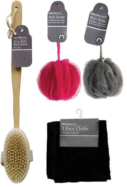 Bath Basics Set - Back Brush (42cm) + 2x Bath Mesh Bun 50g + Face Cloth 3 Piece (30x30cm)
