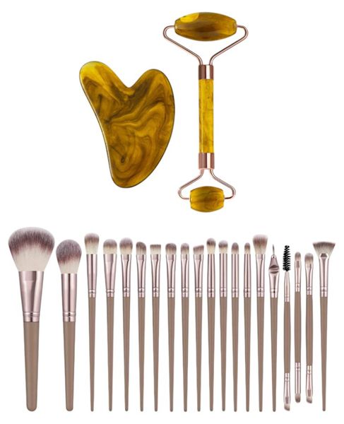 20 Piece Makeup Brush Collection With Skincare Facial Tools - Brown