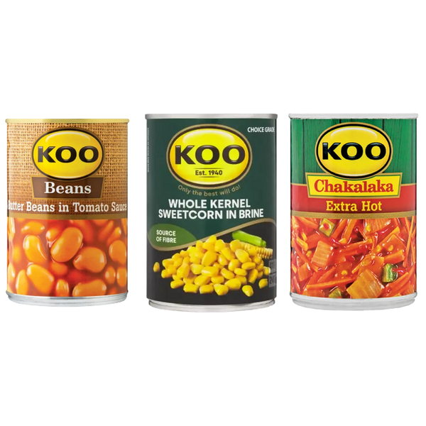 Koo Chakalaka Extra Hot +Koo Butter Beans in Flavoured Brine +Koo Sweetcorn