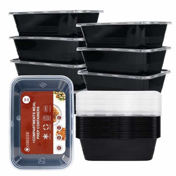 50 Pack Black Reusable Plastic Containers with Lids - 750ml