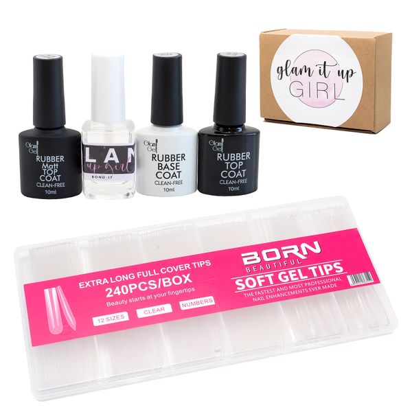 Extra Long Soft Gel Nail Tips + UV Glam Gel Rubber Top, Base, Matt, Bond-It