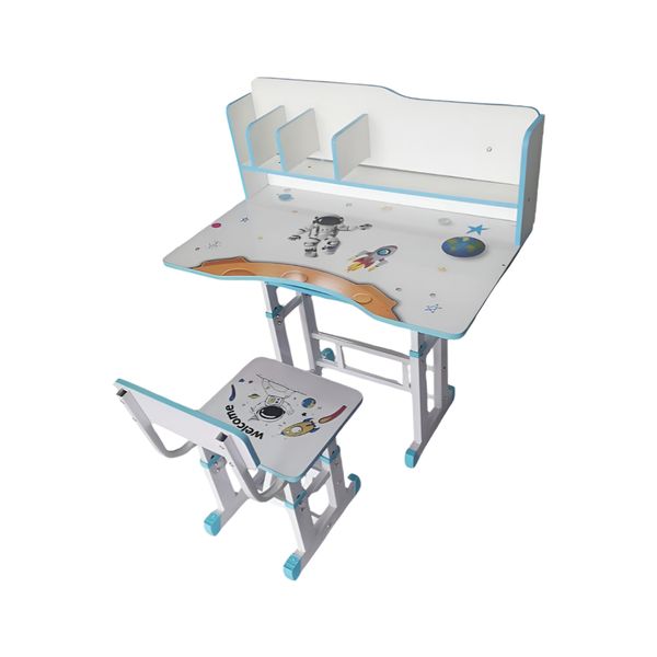 Height Adjustable Cartoon Study Table With Shelves And Chair For Boys