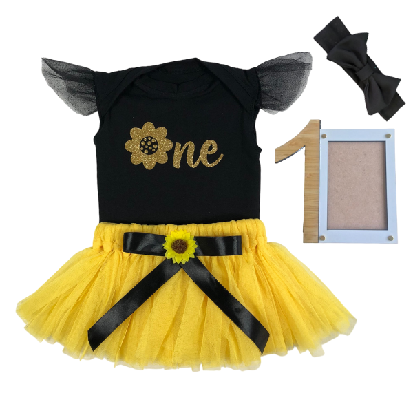 1stBirthday-Sun Flower One-Tutu&amp;Short Sleeve Vest with Photo Frame&amp;Headband