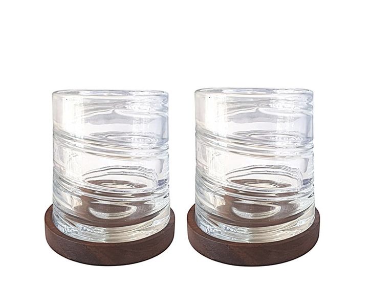 Rotating Glass with Wooden Coasters - Set of 2