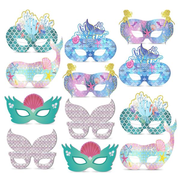 12 Pack Mermaid Paper Party Masks, Kids Ocean Theme Cosplay Eye Mask
