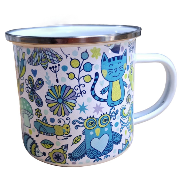 Beautiful Enamel Mug - Blue &amp; Yellow Animals with Flowers &amp; Leaves