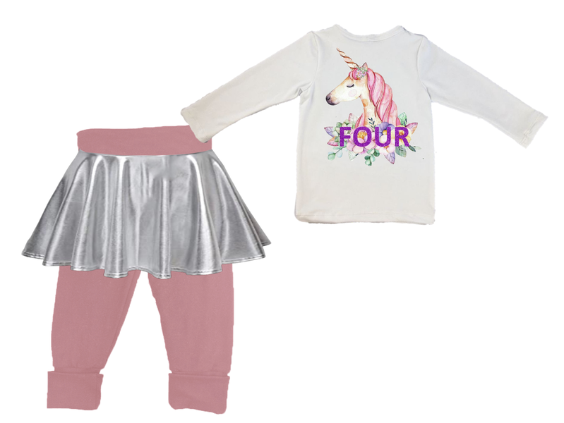 Fourth Birthday-Long sl foldover pants with built in skirt-Unicorn-Eng