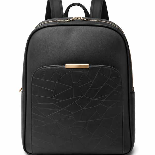 PU Leather Backpack Handbag for Women in Black with Gold Detail and Pocket