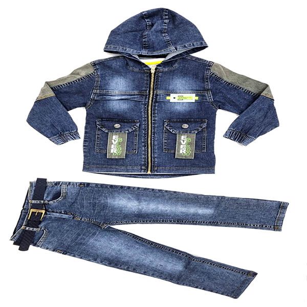 Boys Grey Denim Jean Set with Denim Hoodie