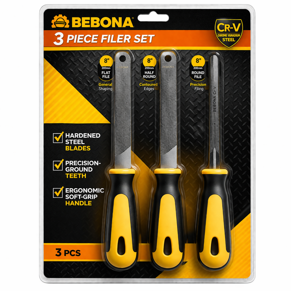 Bebona DIY 3 Piece File Set Flat Half Round Round Metal - Chrome Vanadium