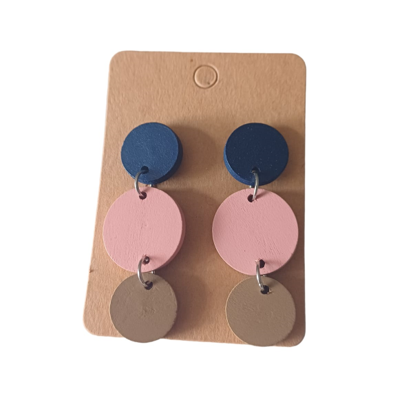 Stainless Steel, Wooden Earrings - Blue, Pink and Brown 3 Tier hanging
