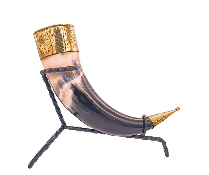 Decorative Buffalo Drinking Horn with Stand - Polished Brass