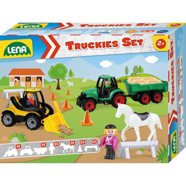 LENA Toy Farm Set: Truckies Loader, Tractor, Figurines, Horse, Cones, Gates