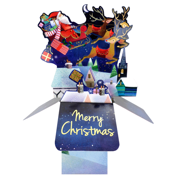 Santa flying over village 3D Pop Up Christmas Greeting Card