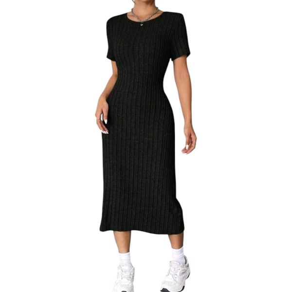 GlammeFab Solid Color Short Sleeve Knit Rib Dress