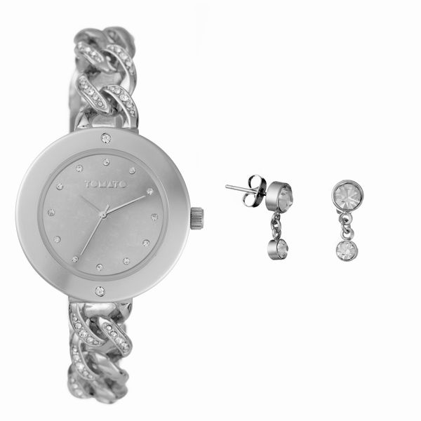 36mm set Silver Case and Stone Dial Watch, Chainstone Bracelet, Drop Earrings
