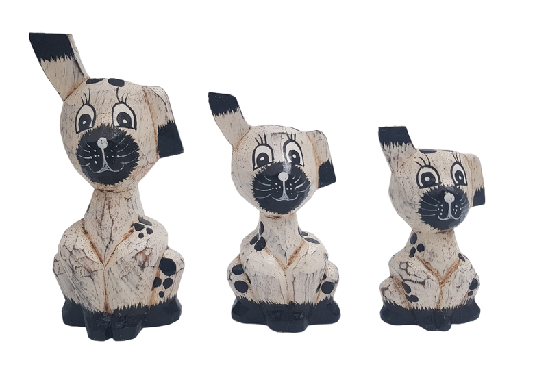 Ornament Ear Up Dog Set Of 3 Wooden White Wash and Black