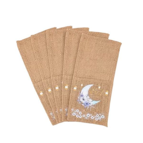 Set of 5 Eid-Themed Linen Cutlery Holders - Moon, Lantern &amp; Floral Design