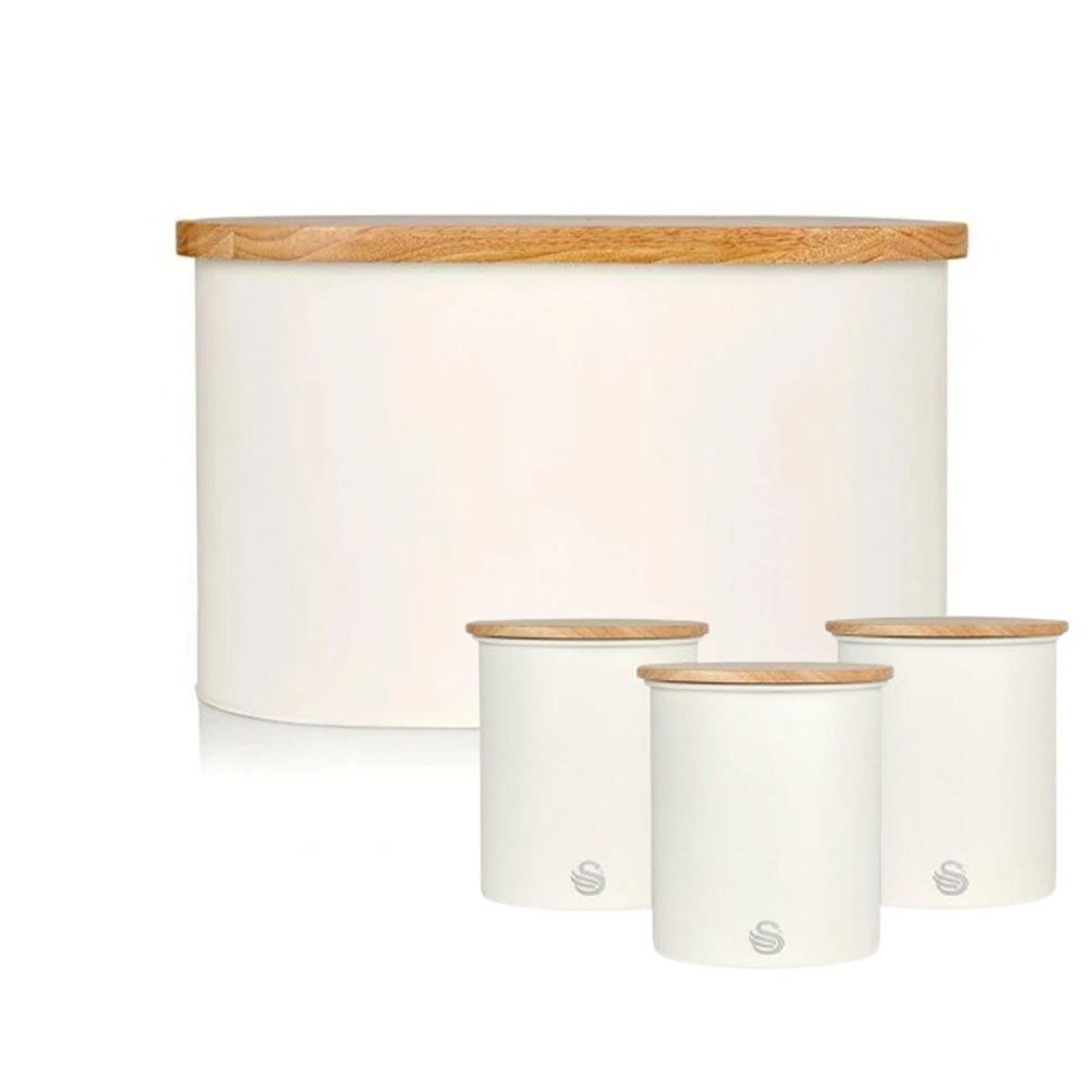 Swan Bread Bin and 3 Piece Canister Set Nordic White Bundle Buy
