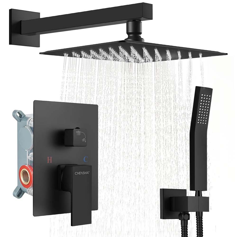 Chenshia 25cm Square Shower Heads-Square Arm,Valve Body &Square Mixer Black