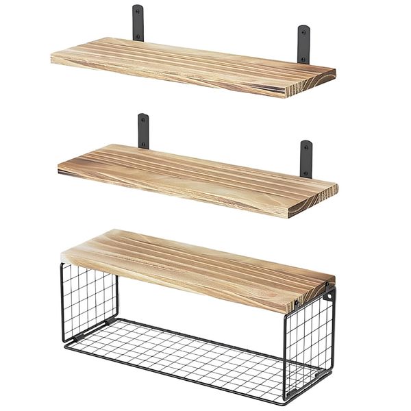 Bathroom Storage Basket Set Wood Wall Mounted Bathroom Floating Shelves