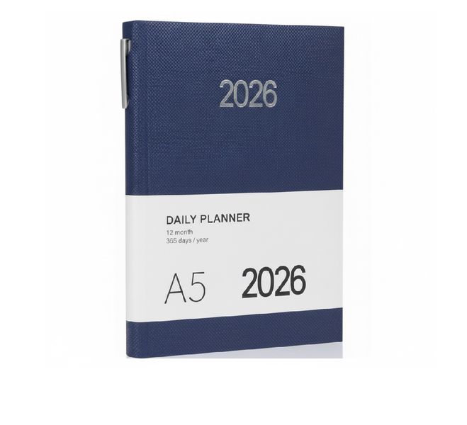 A5 2026 Daily Planner with Pen | Blue Cover Organiser Notebook