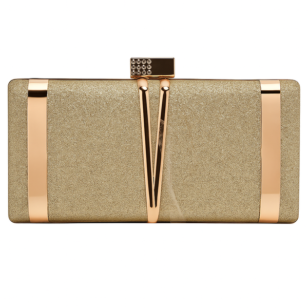 Glitter Evening Clutch Bag with Metallic V Accent - Silver, Gold, or Black