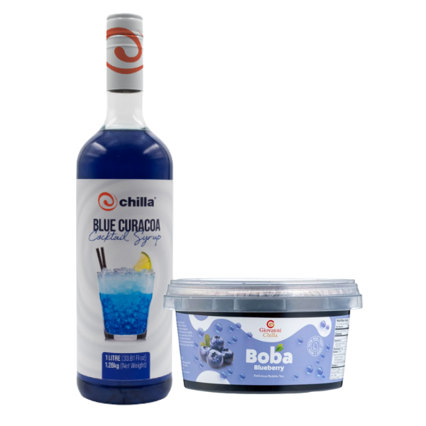 Blue Curacao Cocktail Syrup 1L &amp; Blueberry Popping Boba 500g Combo Pack