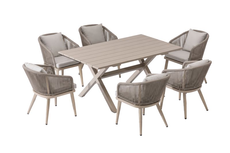 7-Piece Rustproof Aluminum Patio Dining Set, 6 Modern Rope Chairs, Cushions