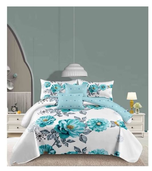 Blue Polyester Flowers 6 Piece Duvet Cover Set