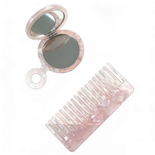 2 Piece Acetate Mirror and Comb Set, Portable Handheld Round Makeup Mirror
