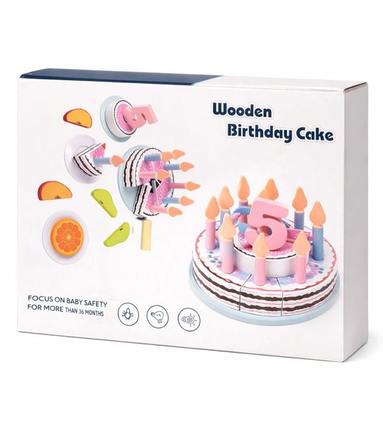 Wooden Birthday Cake Play Set 1-5 Candles and Fruits