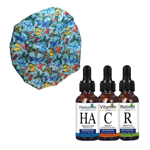 Satin Bonnet Cap with Butterfly design and Revitalizing Face Serum Set