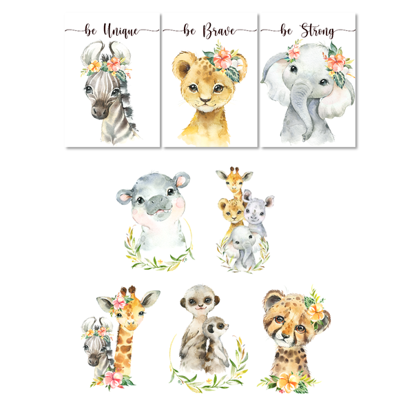 Nursery Wall Art - 4 x A3 Canvases + Vinyl Decals - Floral Safari Theme