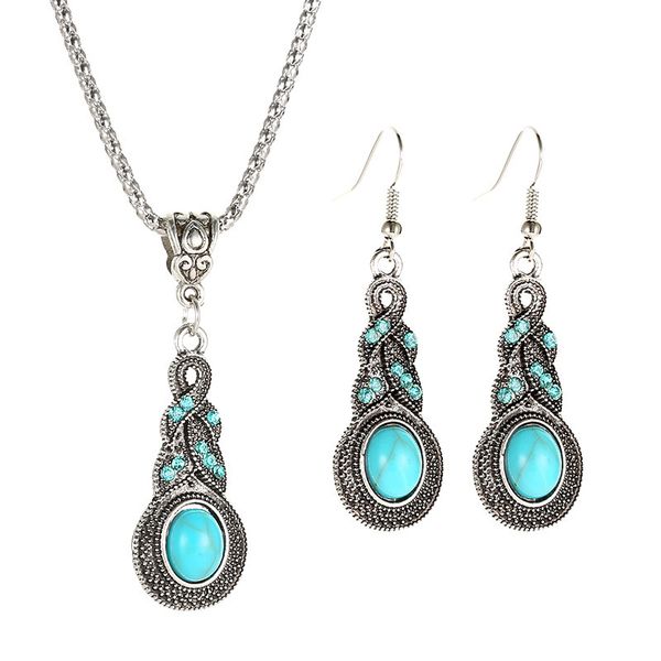 Turquoise Bohemian Earrings Necklace Set (RN-10088-TES)
