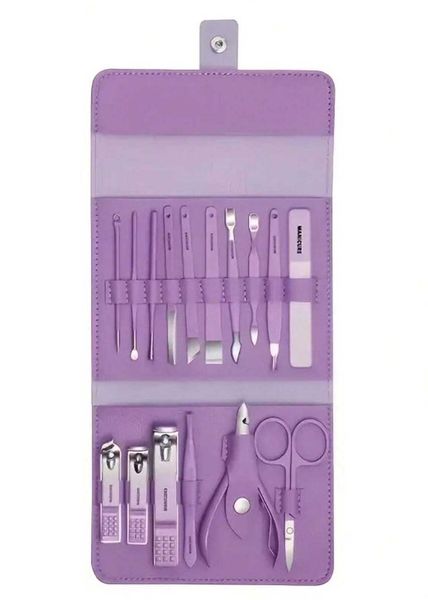 16 Piece - Stainless Steel Nail Tool Set With Storage Case - Purple