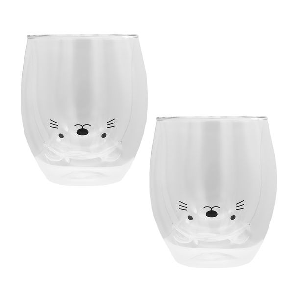 Cat Shaped Double Walled Glass Mug - Set of 2