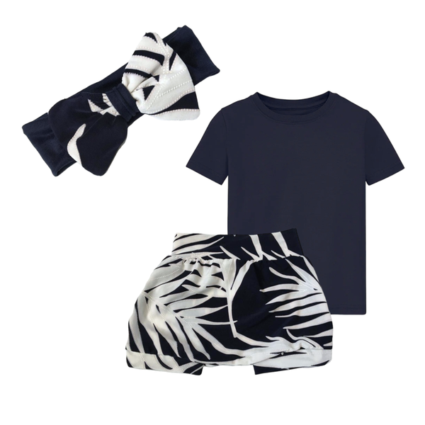 Mom &amp; Me Matching FDY Harem, T - Shirt &amp; Headband Set - Navy &amp; White