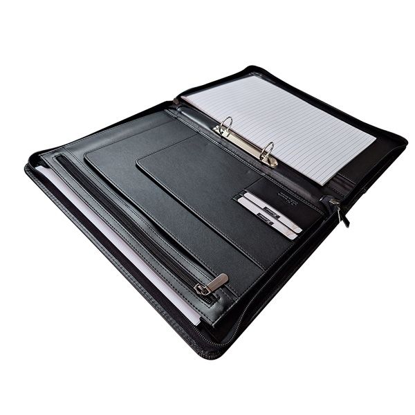A4 Genuine Leather Zip Folder with Ring Binder &amp; Handle - Black