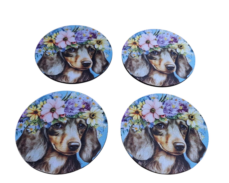 4-Piece Coaster Set with Rubber Backing - Flower Headband Dachshund
