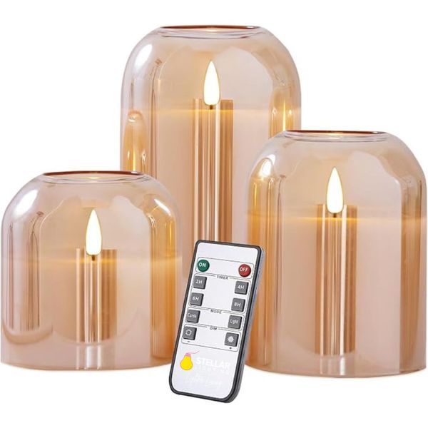Stellar Lighting Gold Glass Flameless LED Pillar Candles w/ Remote Set of 3